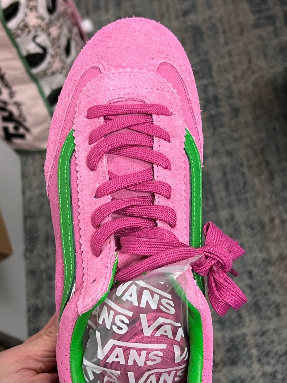 Vans NIP Bright Pink sneakers w/green accents & coord. laces Low-Profile style